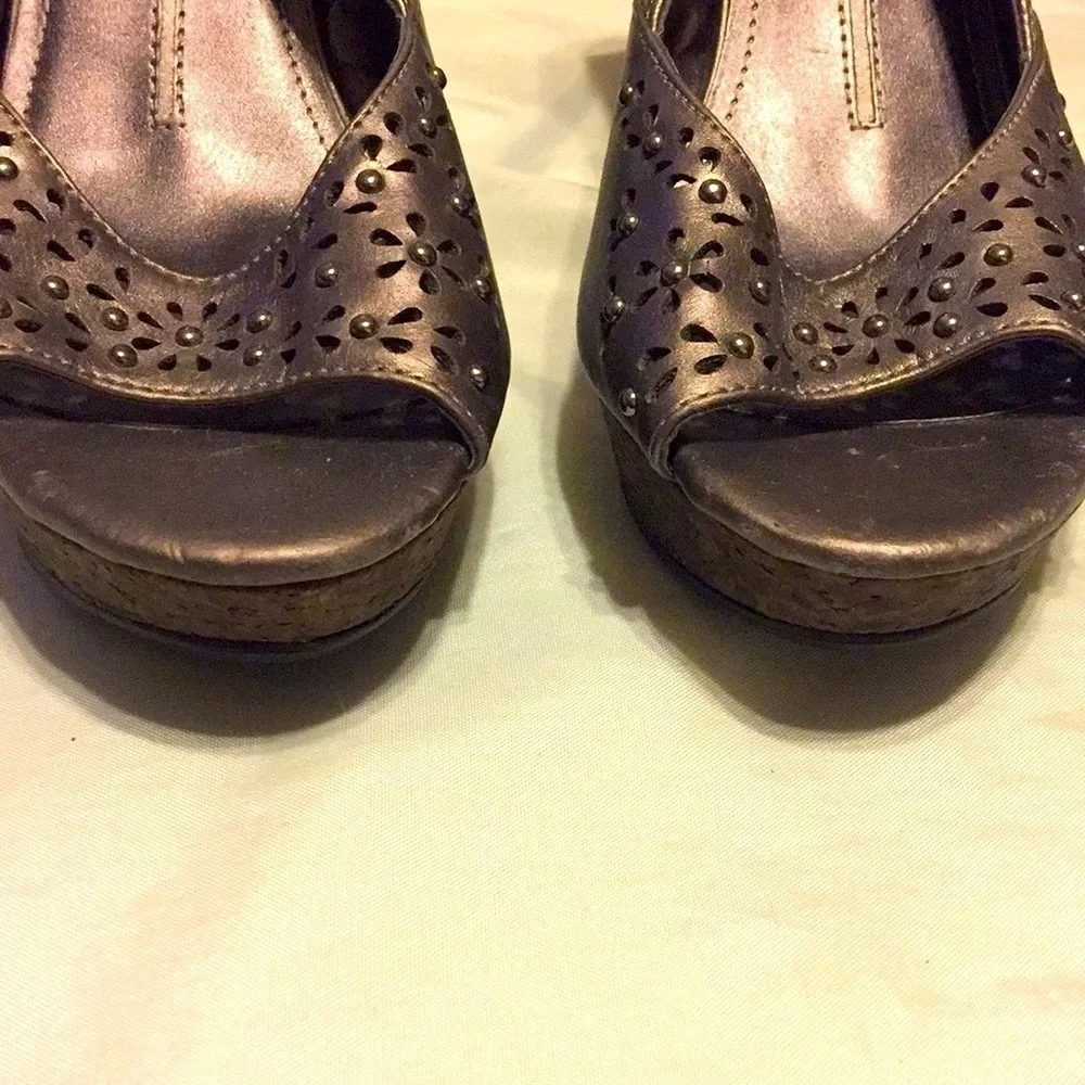 Y2K Metallic bronze open toe chunky platform/heal slingback whimsigoth size 10